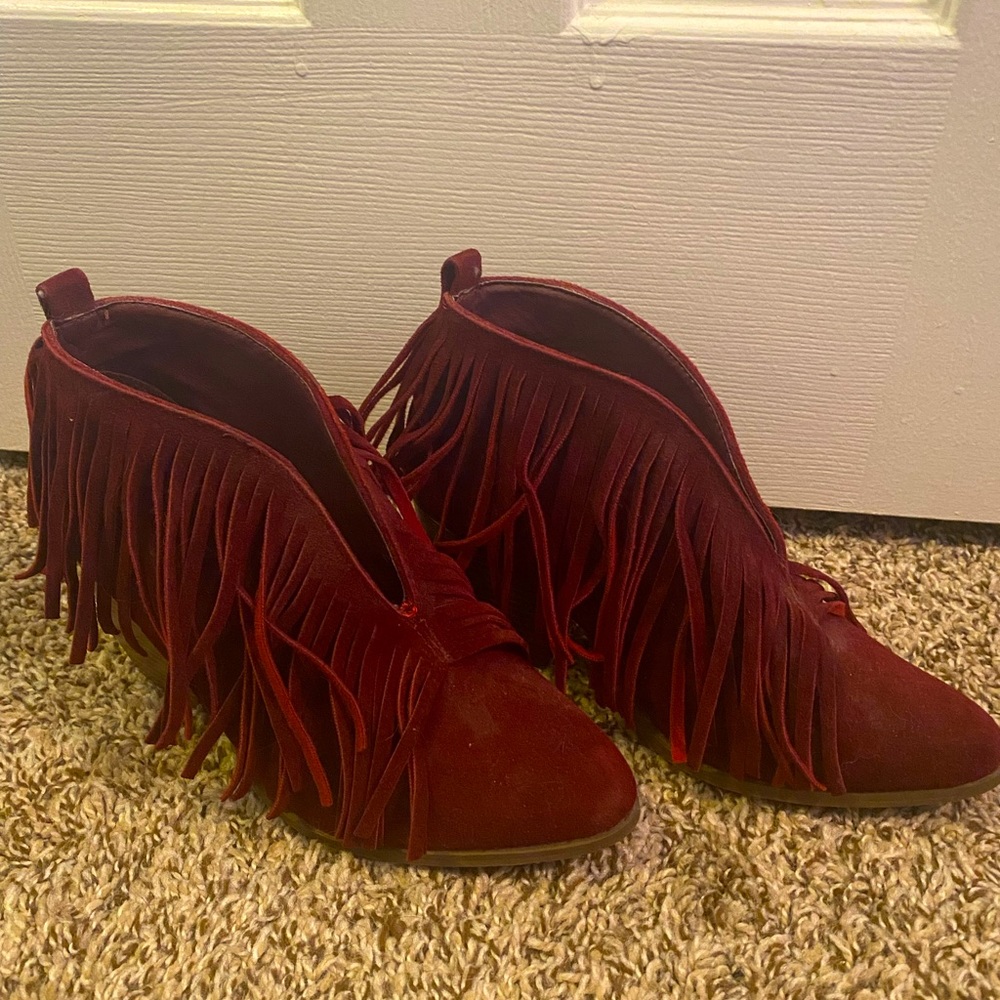 Beast fashion burgundy fringe booties